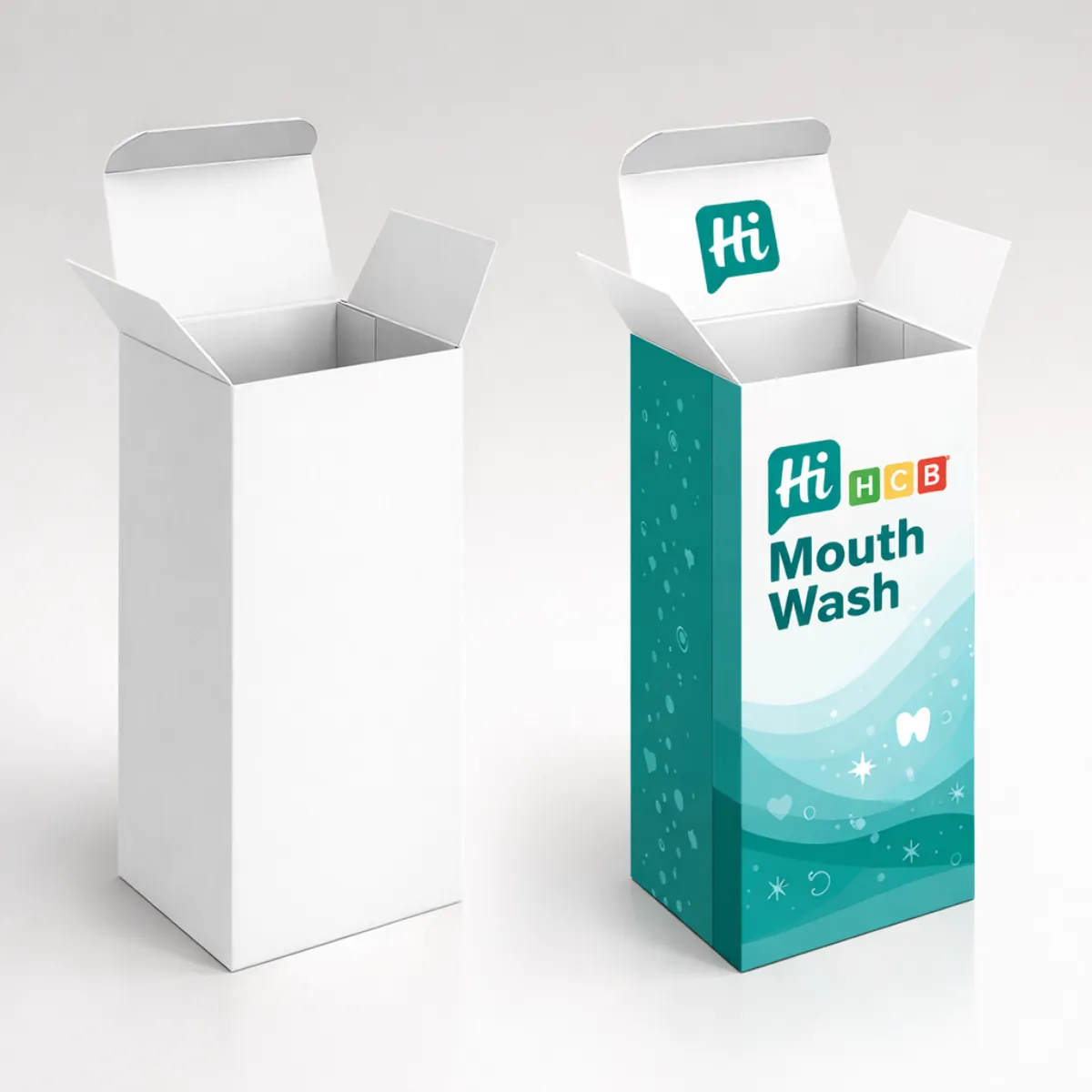 Two upright open mouthwash boxes- one blank and one featuring colourful teal and wave-patterned graphics-